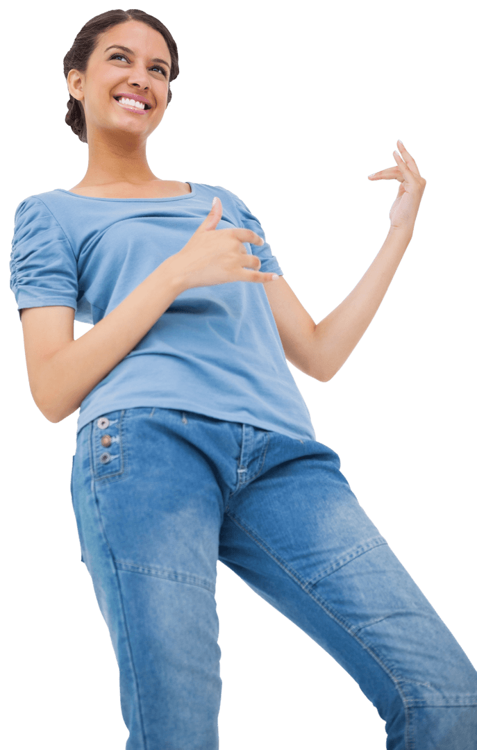 Smiling Young Woman Playing Transparent Air Guitar in Jeans