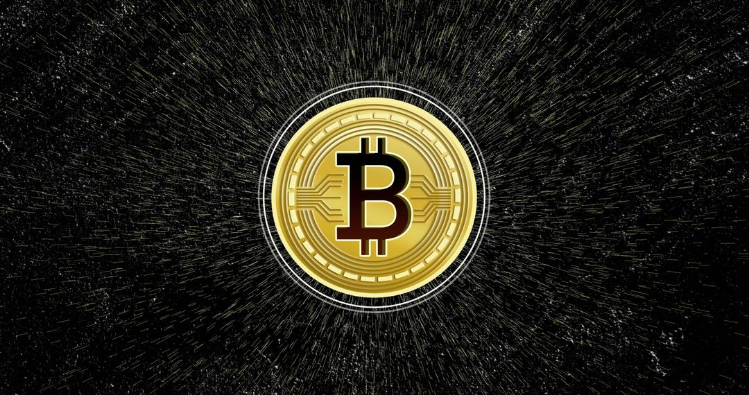 Gold Bitcoin coin glowing in dark radial burst with bold circuit rings, halo and speckles