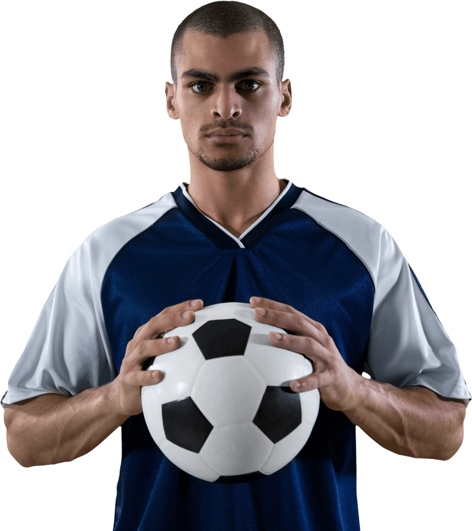 Serious Soccer Player Holding Ball with Transparent Background