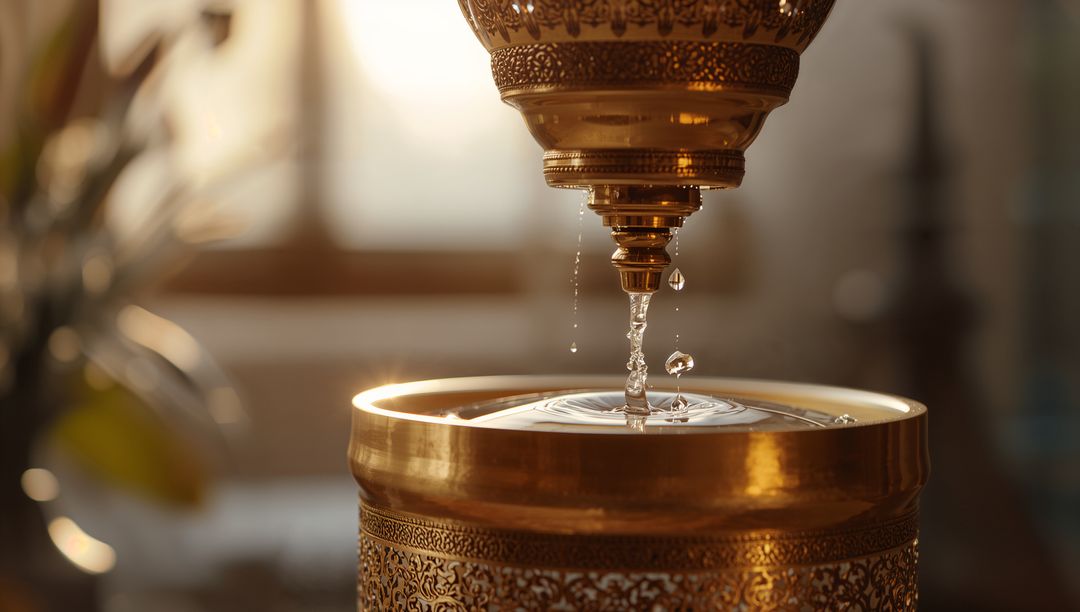 Ornate Brass Spout Dripping into Etched Bowl Creating Ringed Ripples in Soft Window Light