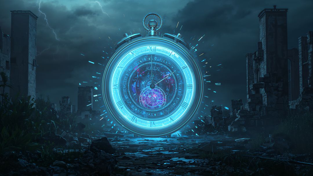 Futuristic Neon Stopwatch Illuminating Dystopian Decay