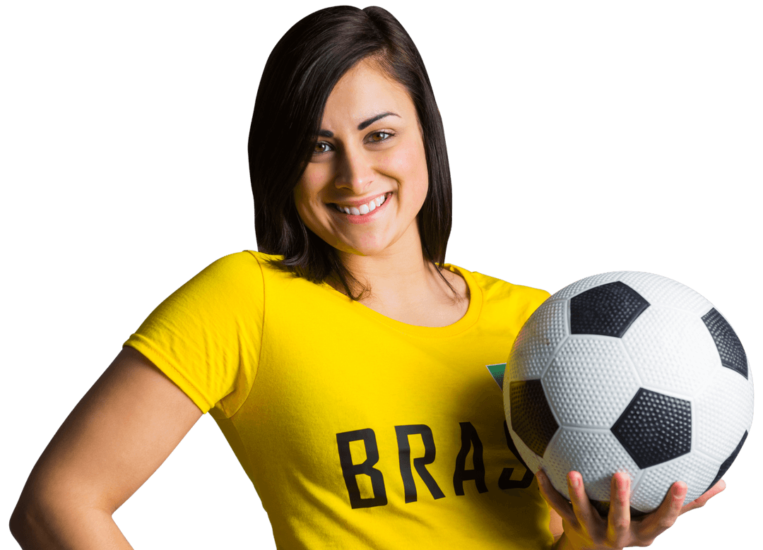 Smiling Brazilian Football Fan with Soccer Ball Transparent Background