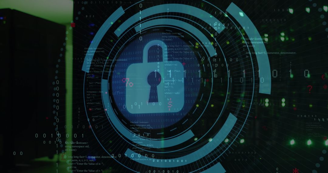 Digital security lock over binary code imagery in server room