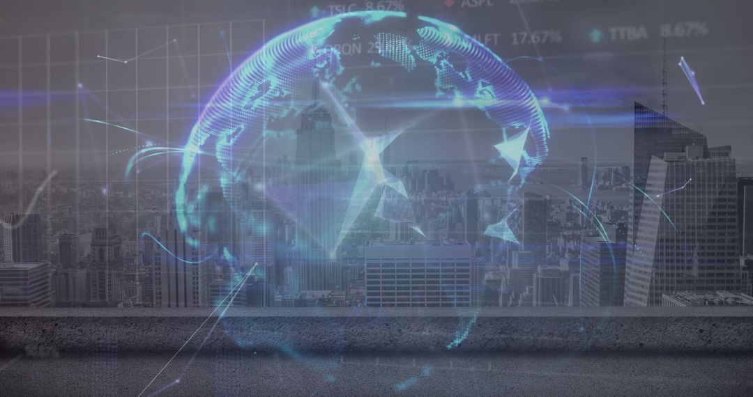 Digital Globe with Plexus Networks Over Cityscape Symbolizing Global Connectivity