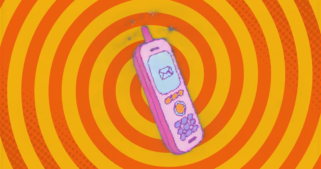 Floating Retro Pink Mobile Phone on Concentric Orange Ring Background