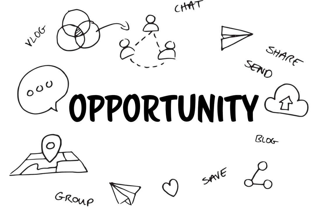Opportunity Text with Social Media Doodles on Transparent Background
