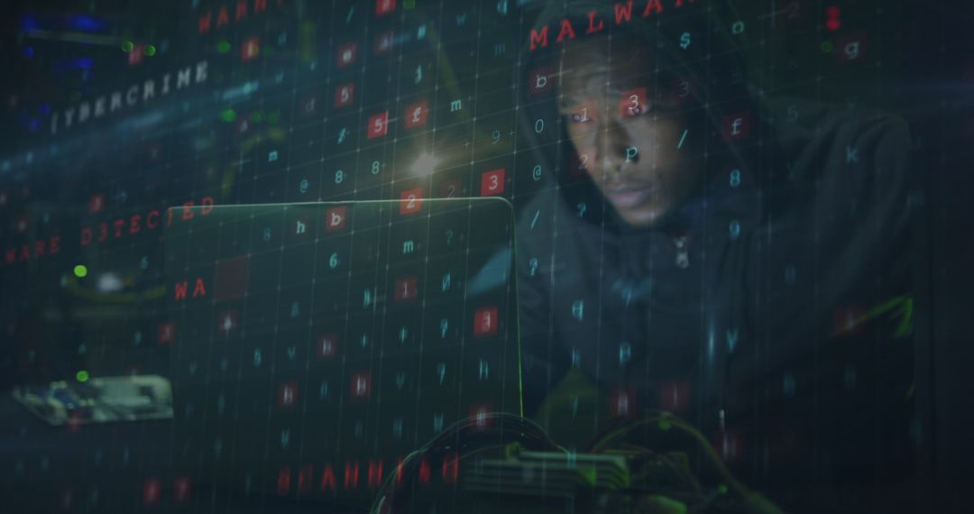 Cybersecurity Concept with Hacker in Dark Room