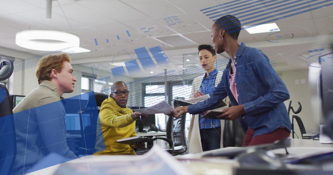 Diverse Team Discussing Business Reports with Digital Infographics