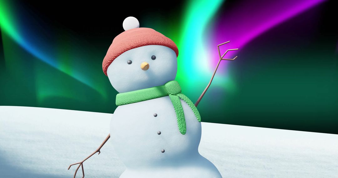 Cheerful Snowman Vibrant Aurora Borealis Background