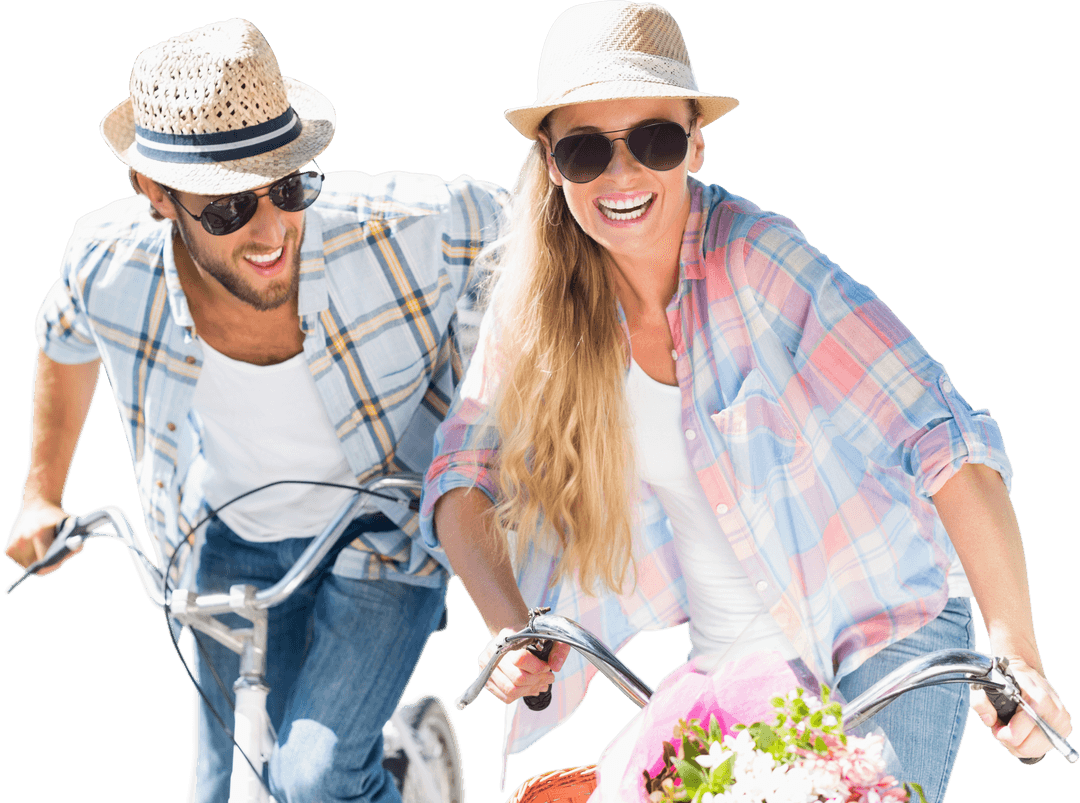 Young Couple Smiling and Cycling Outdoors with Transparent Background
