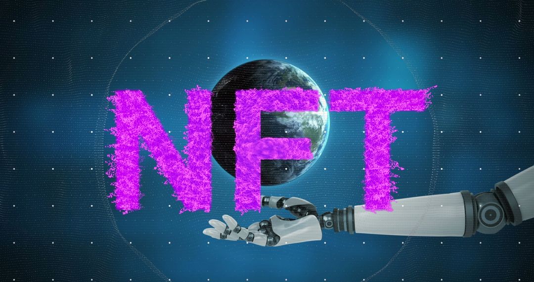 Vibrant NFT Text with Robot Arm and Globe in Futuristic Design
