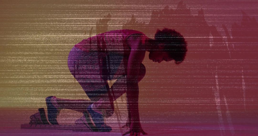 Female Sprinter Preparing at Starting Position with Glitch Gradient Silhouette and Energy