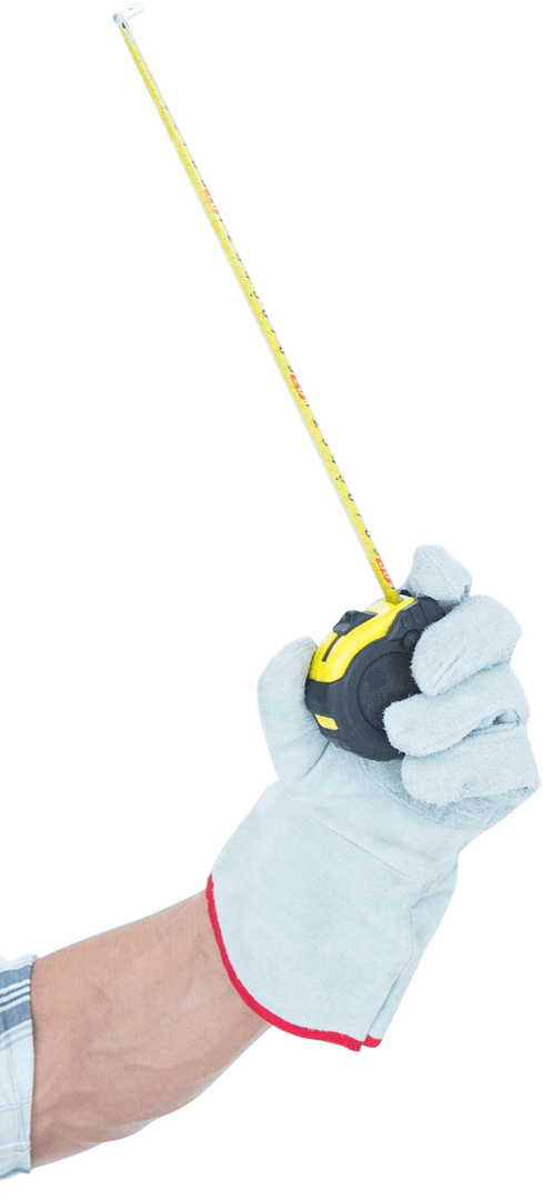 Hand Wearing Glove Holding Measuring Tape on Transparent Background