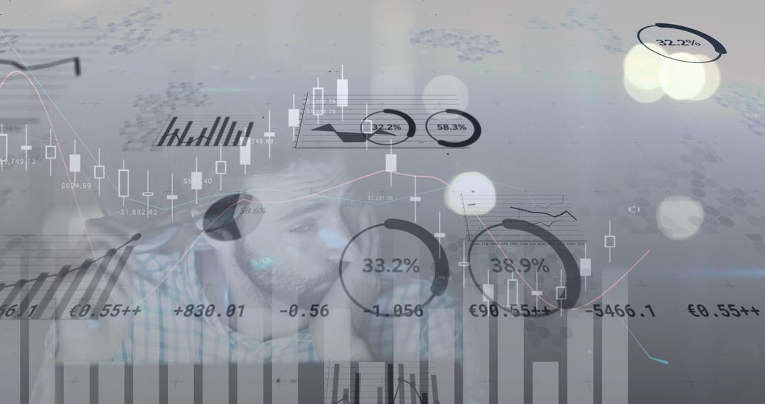Businessman Analyzing Financial Data with Graph Visuals Overlay