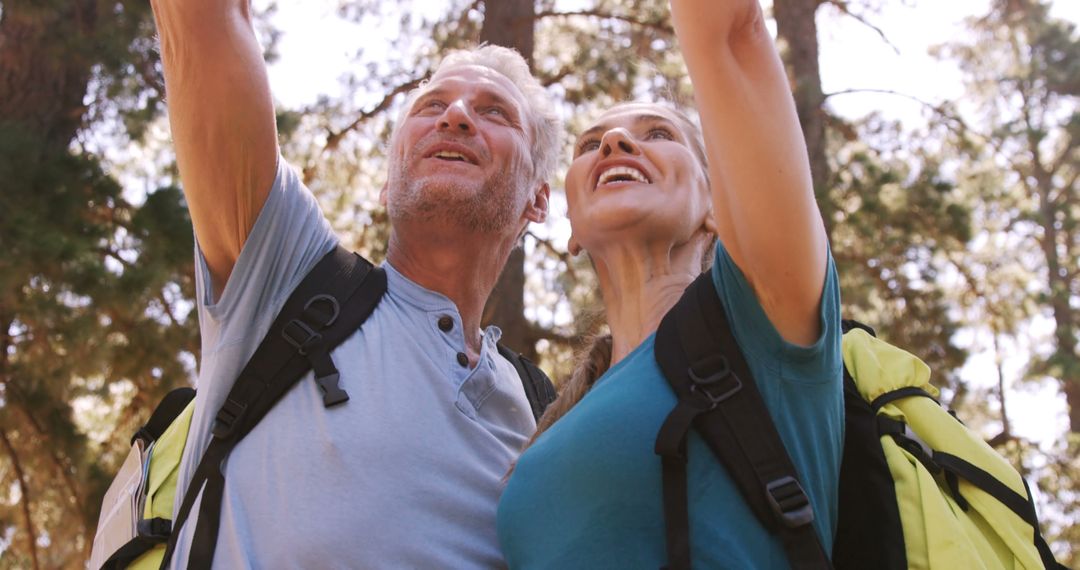 Happy Couple Hiking and Exploring Nature in Sunny Forest