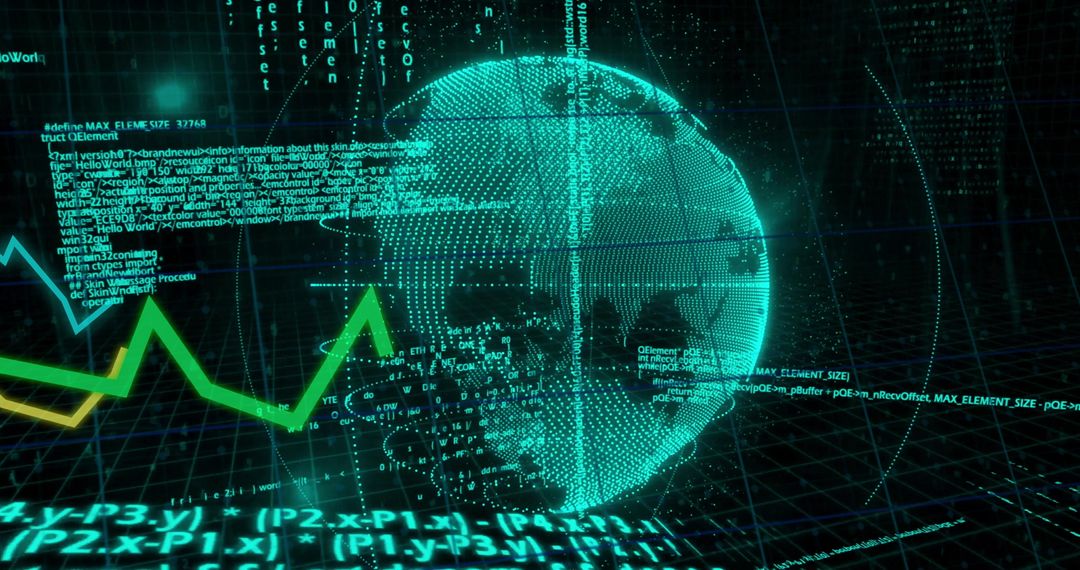 Futuristic Digital Globe with Financial Data and Coding