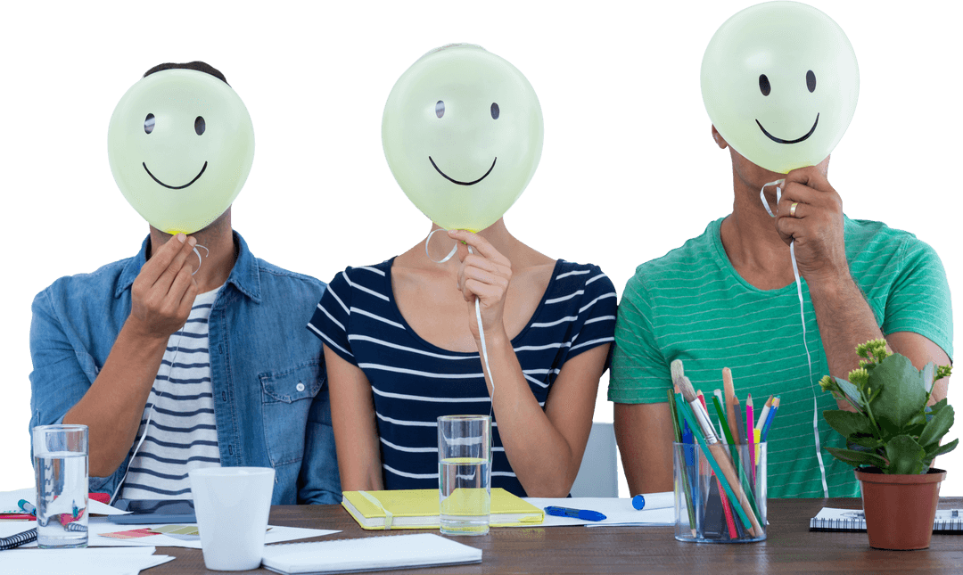 People Sitting at Table with Transparent Smiley Face Balloons