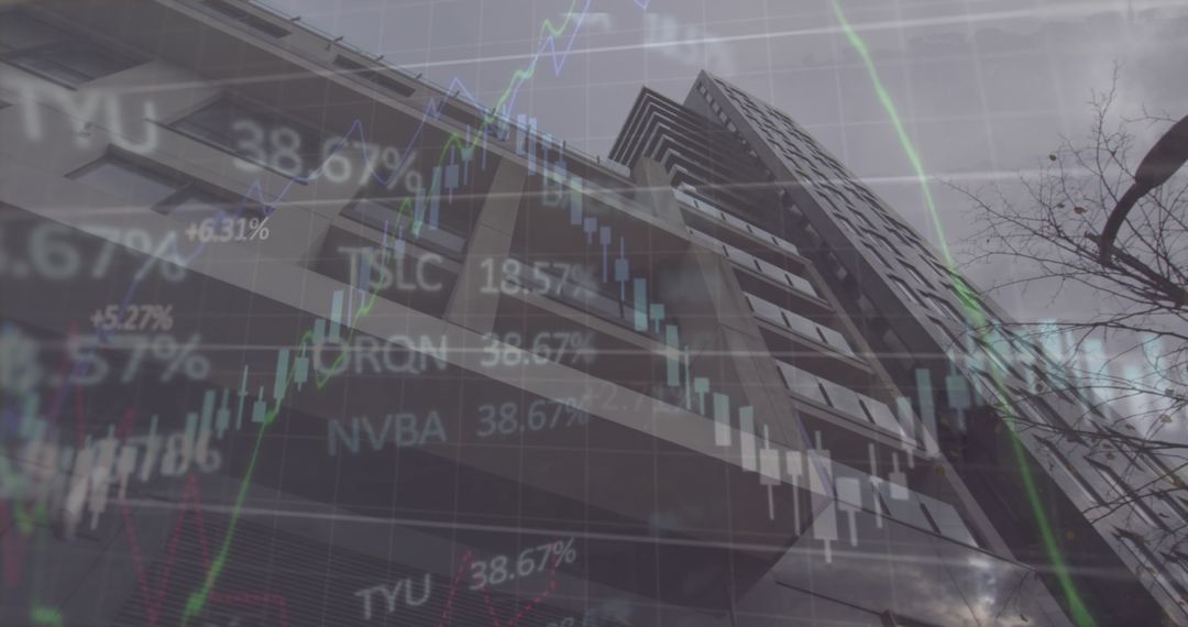 Financial Data and Graphs Overlay on Modern Cityscape