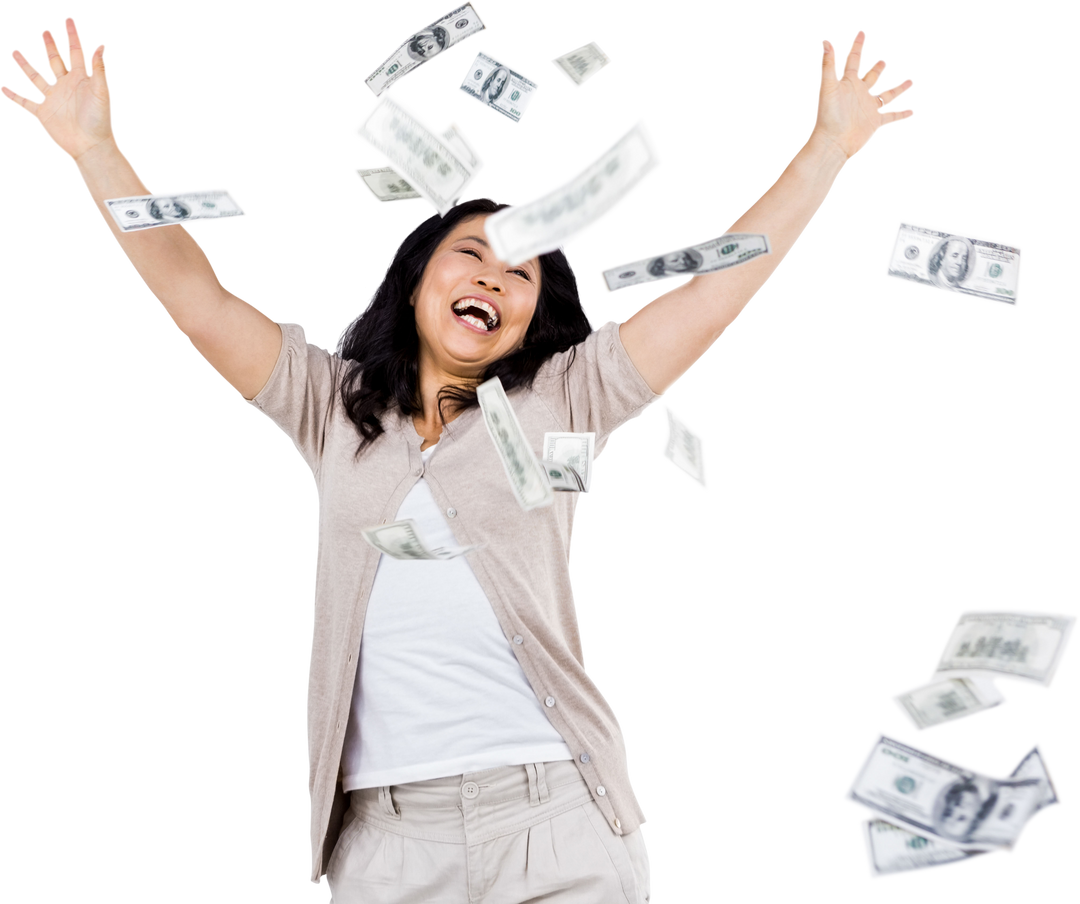 Smiling Woman Throwing Transparent Dollars Around Celebrating Winnings - Download Free Stock Images Pikwizard.com