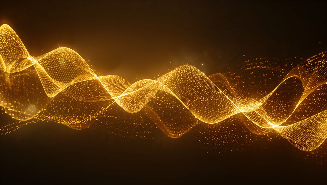 Golden Energy Waveform Ribbon Flowing with Sparkling Particles for Futuristic Technology