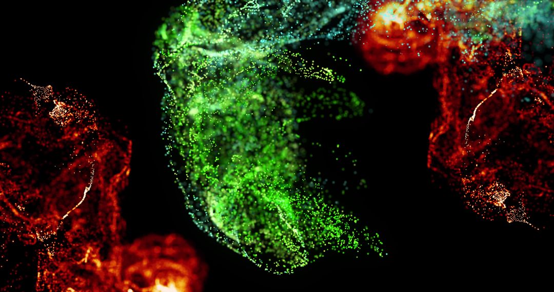 Dynamic Glowing Red and Green Particle Clouds on Black Background
