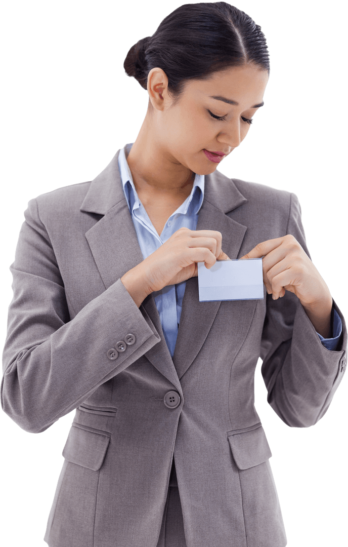 Transparent Businesswoman Attaching Badge in Stylish Outfit
