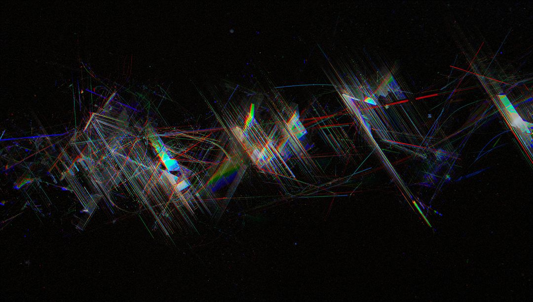 Prismatic Glitch Lattice Crossing Dark Void with Neon Light Streaks and Starburst Flares