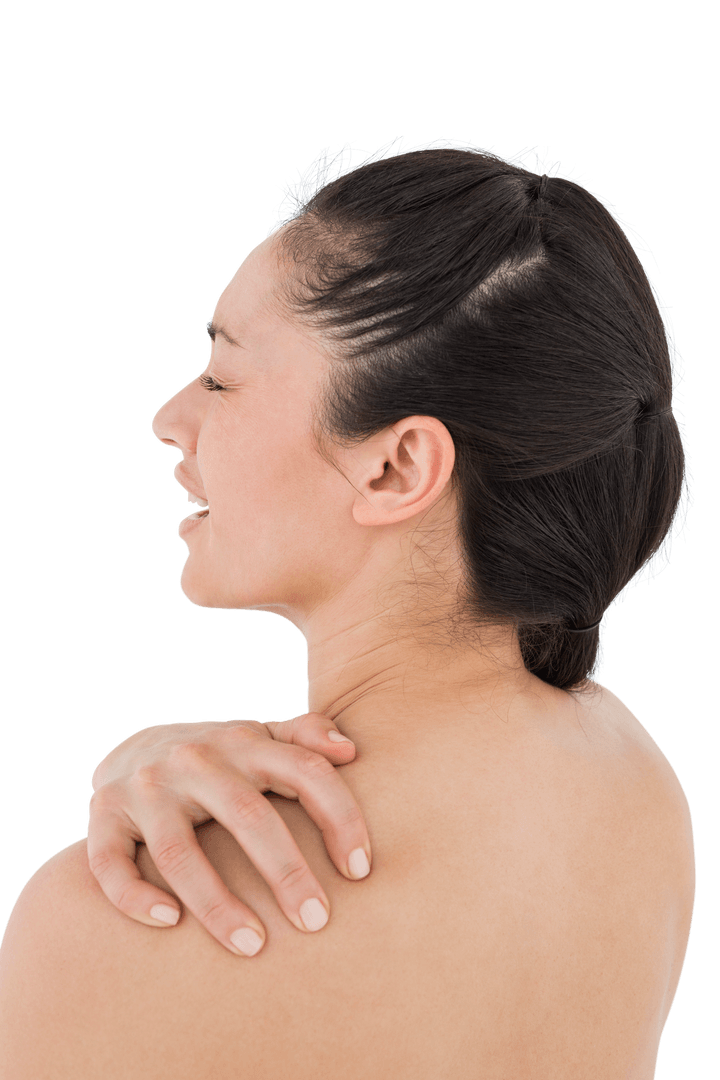 Transparent Image of Brunette Woman Touching Painful Shoulder
