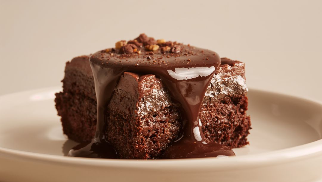 Decadent Chocolate Cake Slice with Warm Ganache Dripping and Toasted Nut Crumble