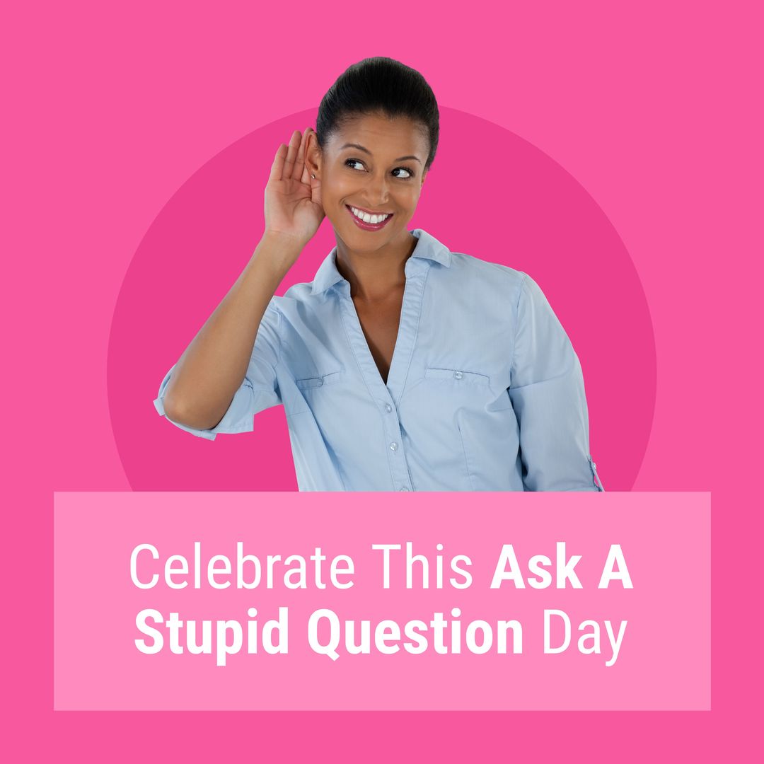 Biracial young woman with hand behind ear, celebrate ask a stupid question day text, copy space - Download Free Stock Templates Pikwizard.com
