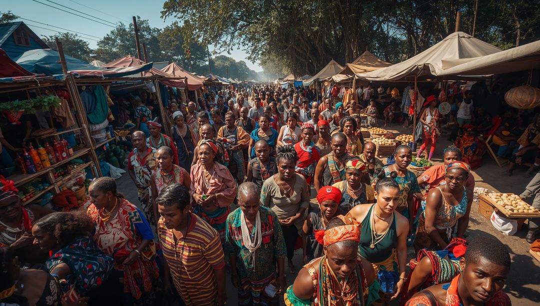 Vibrant crowd moving through bustling open-air market wearing colorful headwraps