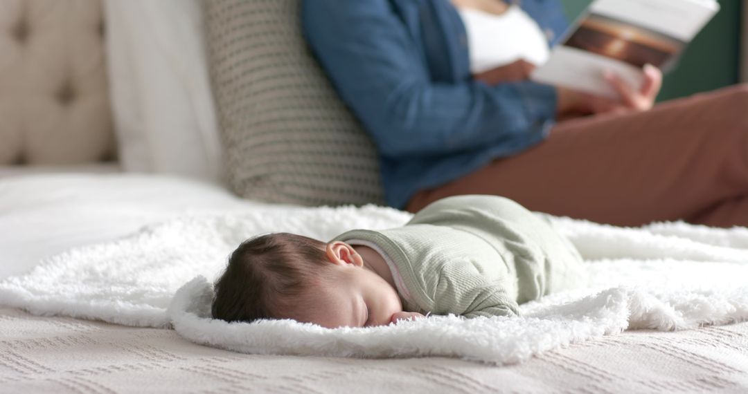 Mother Reading Book While Baby Sleeps on Bed in Tranquil Home Setting