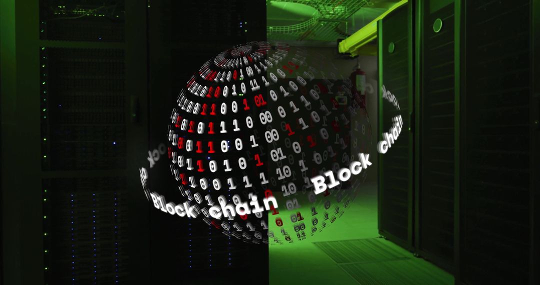 Digital Blockchain Sphere Amidst Server Racks