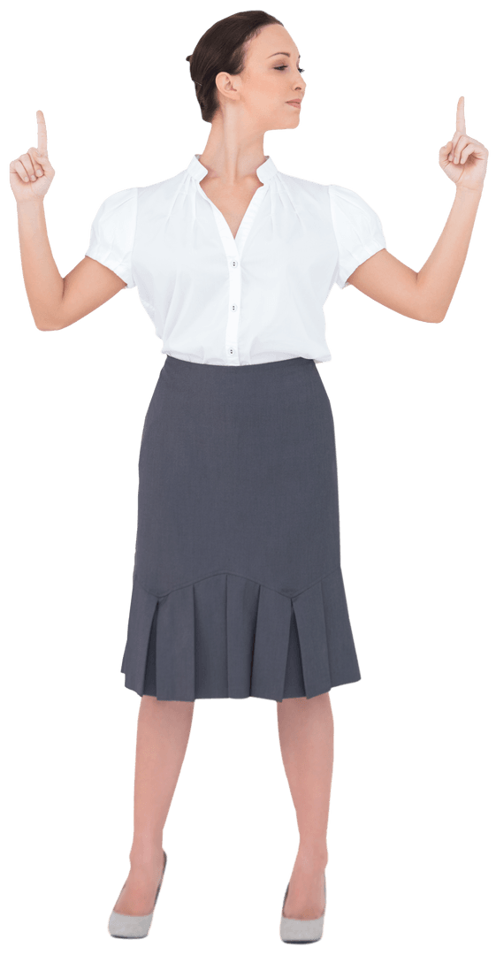 Confident Businesswoman on Transparent Background with Hands Raised