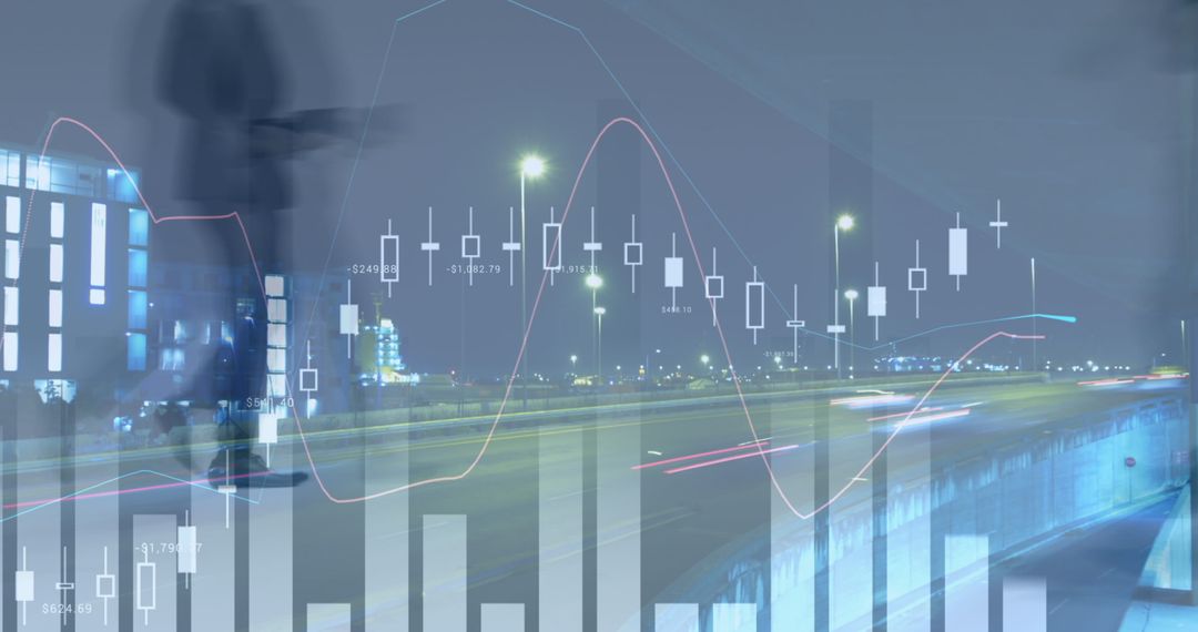 Futuristic Financial Data Overlay on Busy Highway
