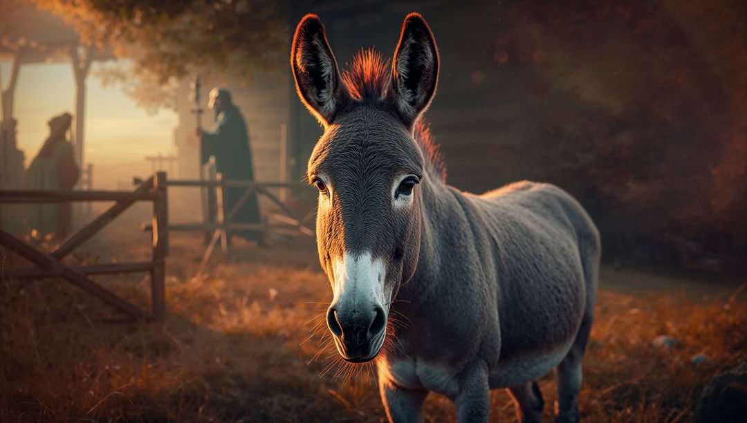 Sunlit Donkey in Pastoral Scene with Mysterious Figures