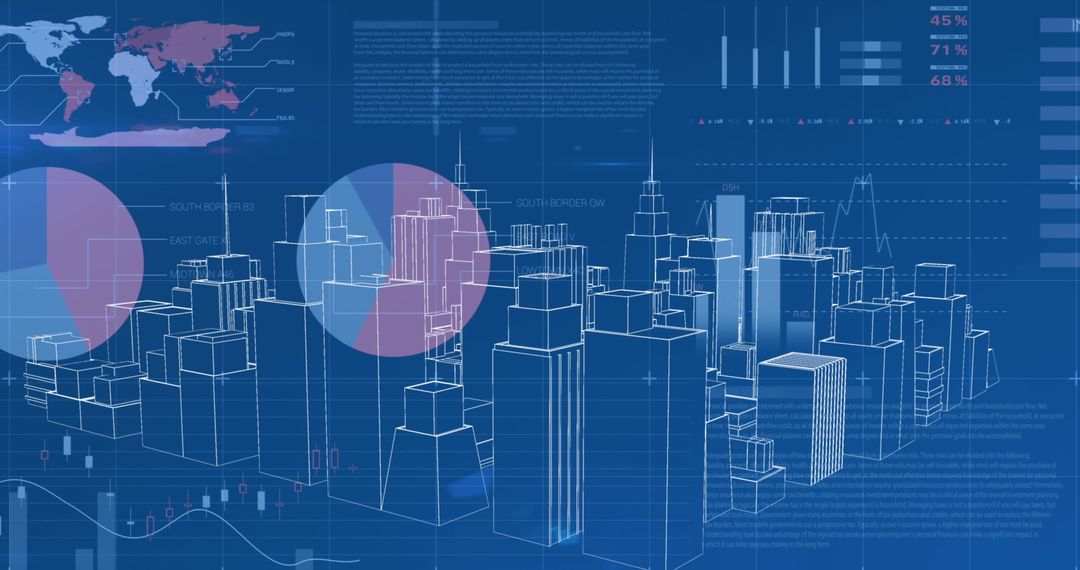 Digital city layout with data processing visualization