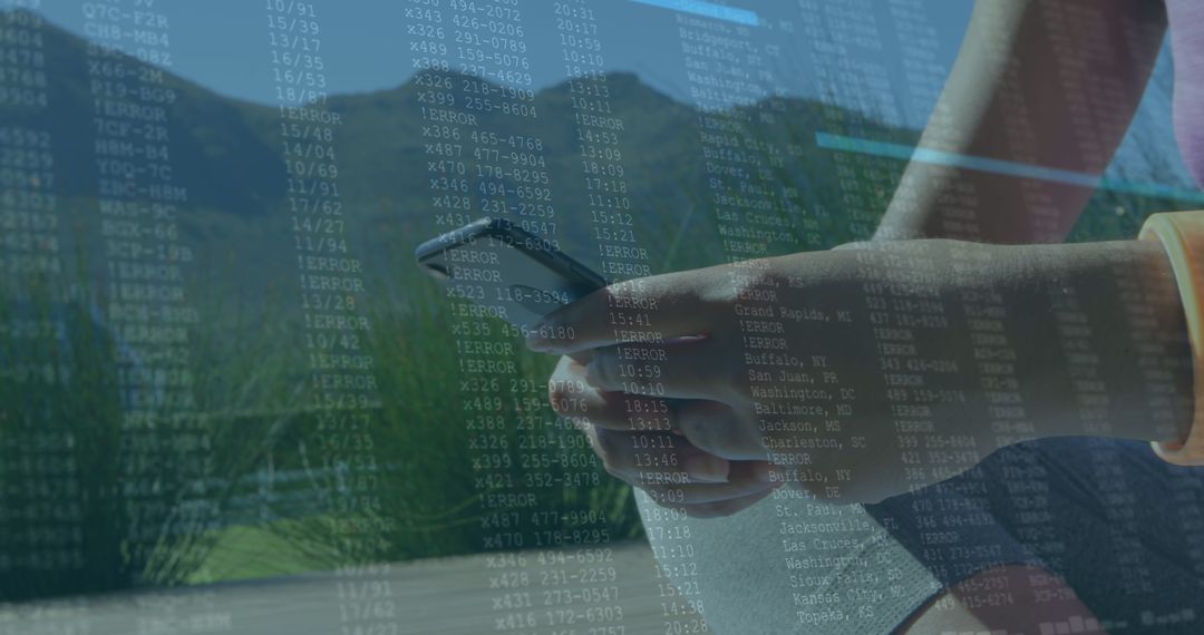 Woman Using Smartphone with Data Overlay and Nature Backdrop