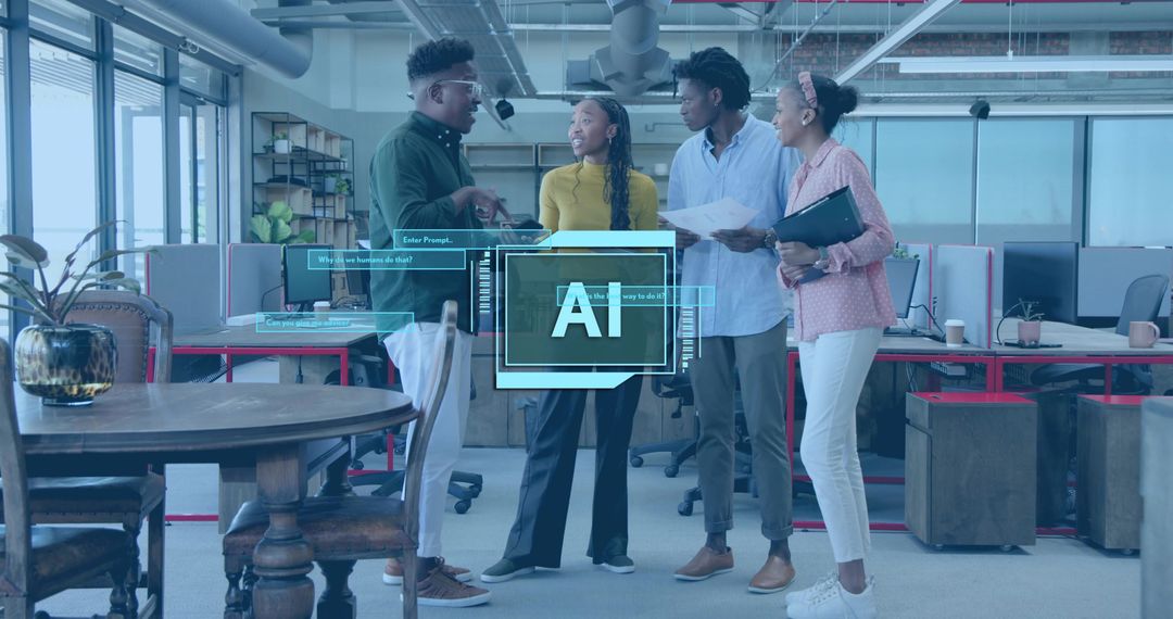 Diverse Team Brainstorming with AI Overlay in Modern Open Office