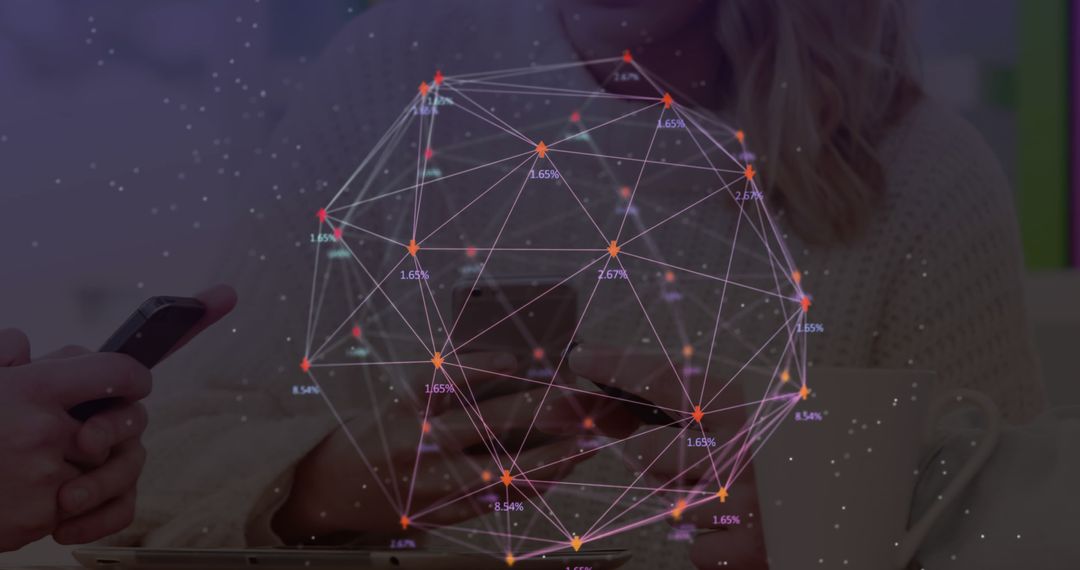 Image of web of connections with numbers floating over man and woman using smartphones - Free Images, Stock Photos and Pictures on Pikwizard.com