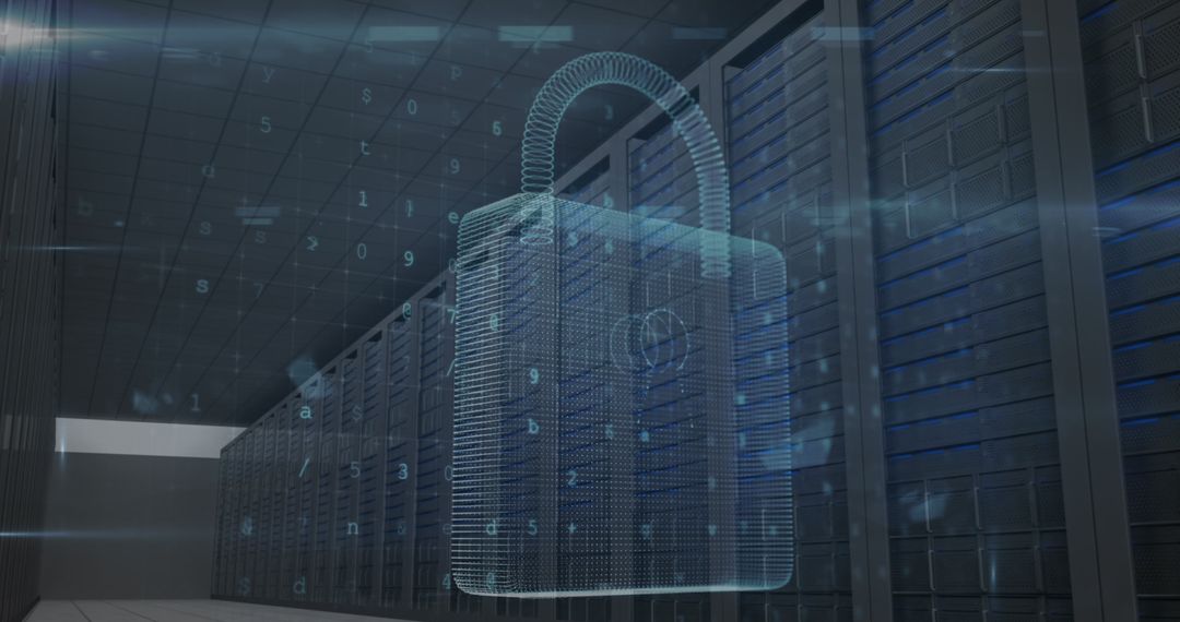 Digital Lock Icon Over Server Protecting Cybersecurity