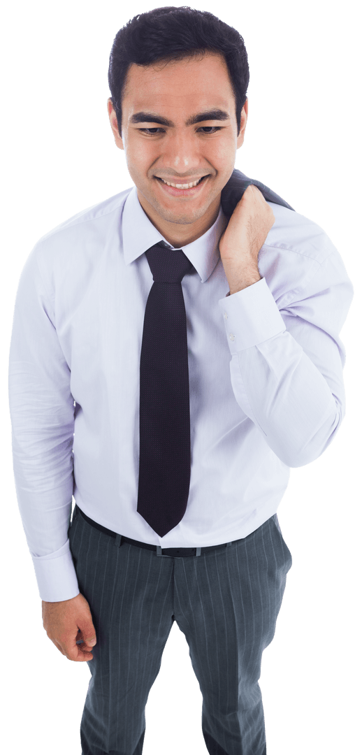Happy Asian Businessman Holding Jacket on Transparent Background