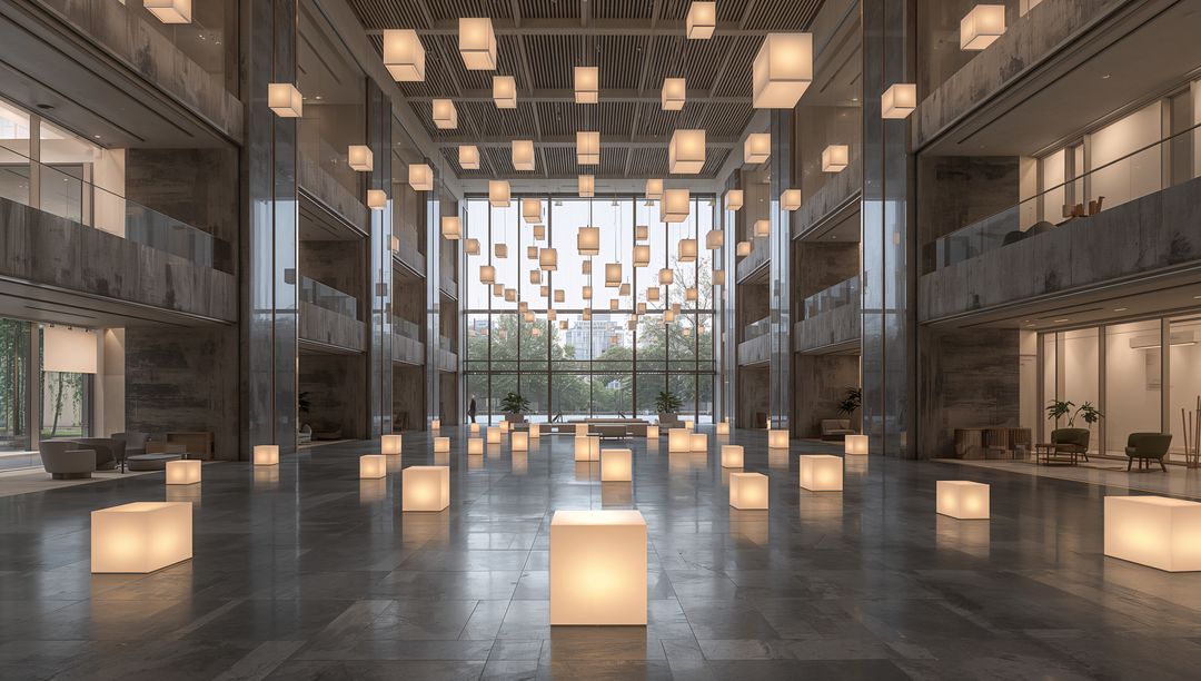 Glowing Cube Installation Illuminating Minimalist Atrium, Suspended Lanterns, Glass Facade