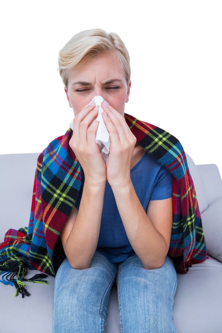 Transparent image of unwell woman blowing nose wrapped in blanket - Download Free Stock Images Pikwizard.com