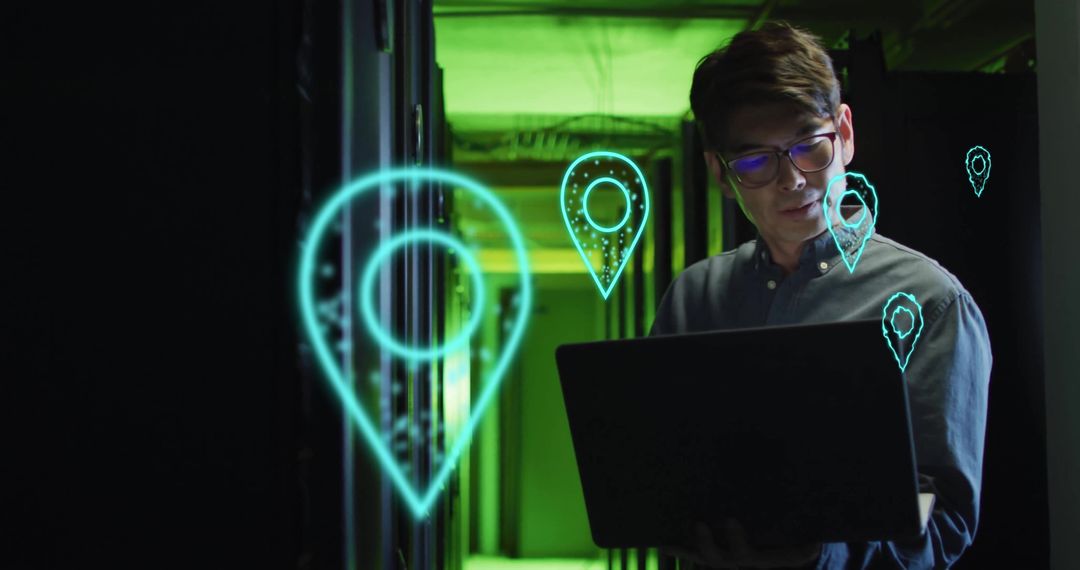 Technician in Server Room with Holographic Location Pins