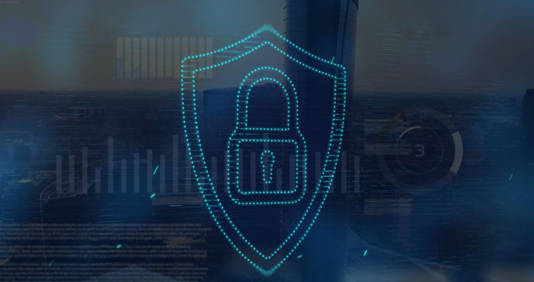 Cybersecurity padlock icon with perl scripts over cityscape