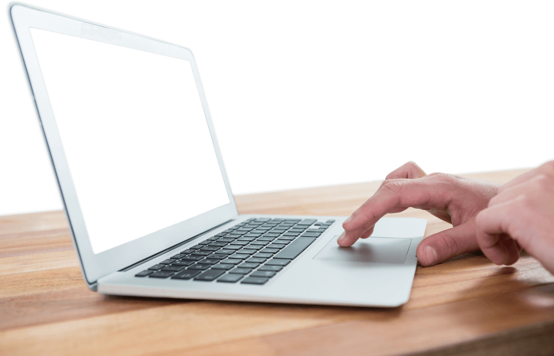 Transparent Laptop and Hands on Wooden Surface for Digital Concepts
