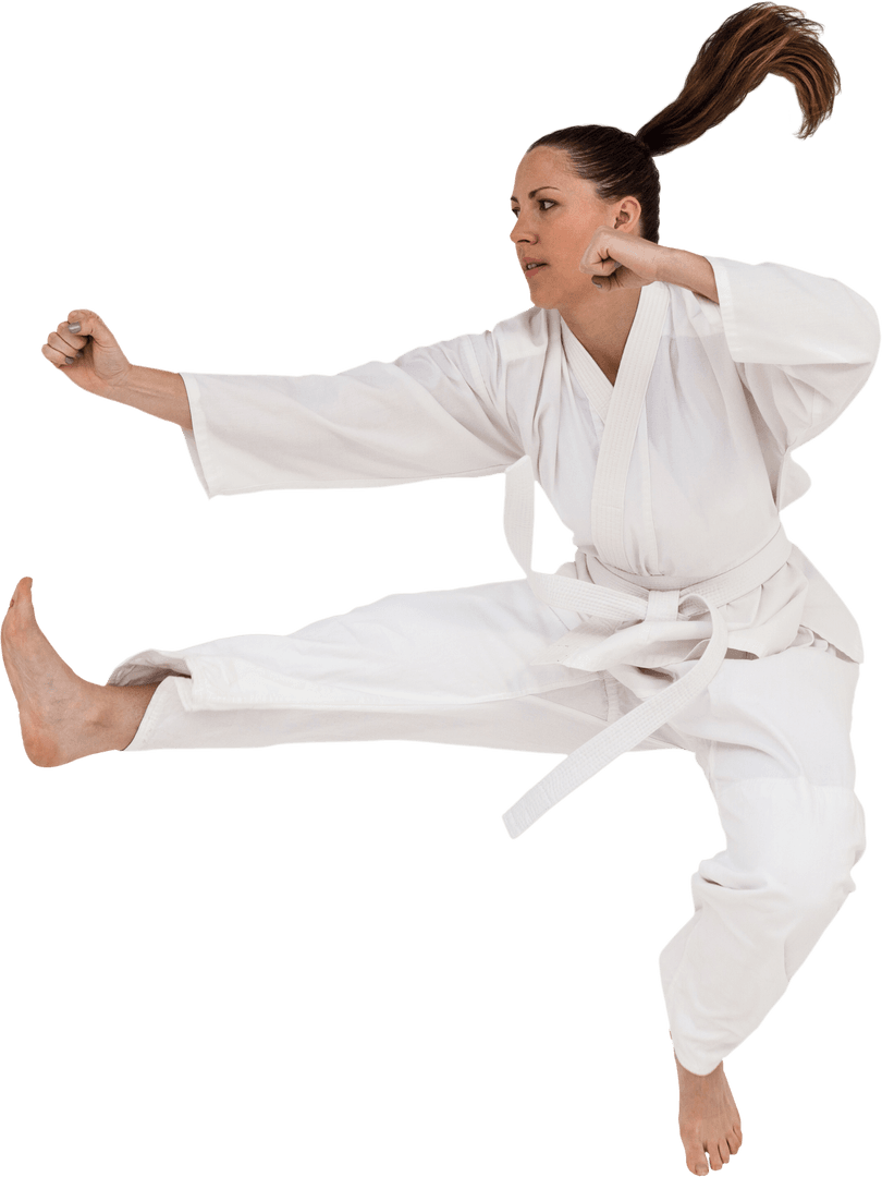 Karate Fighter Exhibiting Dynamic Move in Transparent Gi Outfit