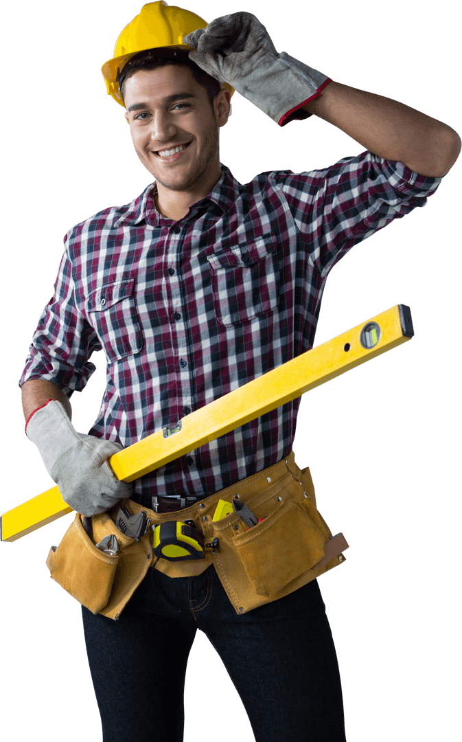 Smiling Construction Worker with Tools and Hard Hat on Transparent Background