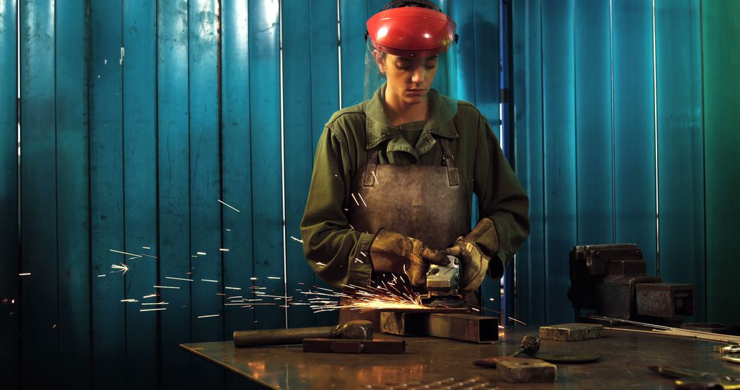 Female Industrial Worker Grinding Metal with Sparks Flying - Free Images, Stock Photos and Pictures on Pikwizard.com